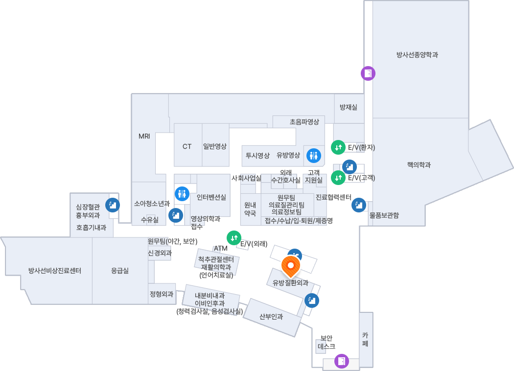 B1F 주차장 입구로 진입하여 정면의 건물 내부 방향으로 주차장을 가로질러 직진한 뒤, 중앙에 위치한 **E/V(외래)**를 타고 1층으로 이동합니다. 1층 엘리베이터에서 내려 정면의 주출입구(보안데스크) 방향으로 홀을 따라 직진합니다. 우측의 원내약국을 지나면 바로 옆에 위치한 넓은 구역에 주황색 위치 핀(유방질환외과)이 표시되어 있습니다.