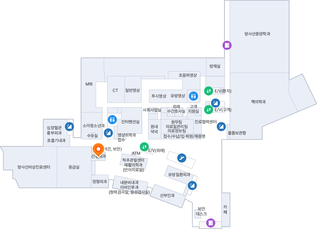 B1F 주차장 입구로 진입하여 정면의 건물 내부 방향으로 주차장을 가로질러 직진한 뒤, 중앙에 위치한 E/V(외래)를 타고 1층으로 이동합니다. 1층 엘리베이터에서 내려 좌측 방향으로 이동하여 척추관절센터/재활의학과(언어치료실) 구역을 지납니다. 계속해서 좌측으로 이동하면, 원무팀(야간, 보안) 바로 아래이자 정형외과 위쪽에 위치한 구역에 주황색 위치 핀(신경외과)이 표시되어 있습니다.
