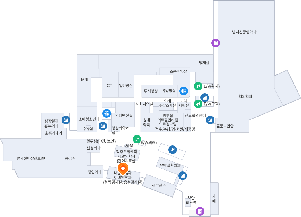 B1F 주차장 입구로 진입하여 정면의 건물 내부 방향으로 주차장을 가로질러 직진한 뒤, 중앙에 위치한 **E/V(외래)**를 타고 1층으로 이동합니다. 1층 엘리베이터에서 내려 정면의 주출입구(보안데스크) 방향으로 홀을 따라 직진합니다. 우측의 유방질환외과와 산부인과를 차례로 지나면 바로 다음 우측 구역에 주황색 위치 핀(이비인후과(음성검사실, 청력검사실))이 표시되어 있습니다. 이곳은 내분비내과와 같은 구역을 공유하고 있습니다.