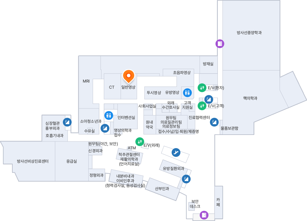 B1F 주차장 입구로 진입하여 정면의 건물 내부 방향으로 주차장을 가로질러 직진한 뒤, 중앙에 위치한 **E/V(외래)**를 타고 1층으로 이동합니다. 1층 엘리베이터에서 내려 좌측에 위치한 영상의학과 접수 구역 뒤편 복도로 이동합니다. 영상의학과 내부 복도 초입, CT실로 가기 전 좌측 구역(수유실 맞은편)에 주황색 위치 핀(일반영상)이 표시되어 있습니다.