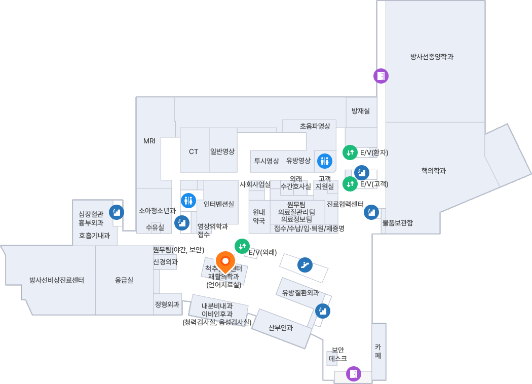 B1F 주차장 입구로 진입하여 정면의 건물 내부 방향으로 주차장을 가로질러 직진한 뒤, 중앙에 위치한 **E/V(외래)**를 타고 1층으로 이동합니다. 1층 엘리베이터에서 내려 좌측 방향으로 이동합니다. 영상의학과 접수 창구를 지나 조금 더 직진하면, 척추관절센터와 같은 구역을 사용하고 있는 주황색 위치 핀(재활의학과(언어치료실))이 표시되어 있습니다. 이곳은 원무팀(야간, 보안) 맞은편에 위치해 있습니다.