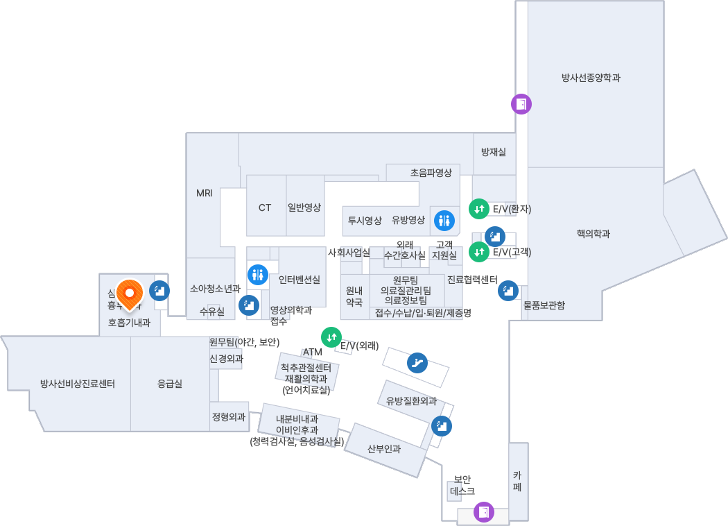 B1F 주차장 입구로 진입하여 정면의 건물 내부 방향으로 주차장을 가로질러 직진한 뒤, 중앙에 위치한 **E/V(외래)**를 타고 1층으로 이동합니다. 1층 엘리베이터에서 내려 좌측 방향으로 이동하여 영상의학과 접수 창구를 지나 복도 끝까지 직진합니다. 복도 끝에서 우측으로 꺾어 들어가면 심장혈관/흉부외과와 같은 구역을 공유하고 있는 주황색 위치 핀(호흡기내과)이 표시되어 있습니다. 이곳은 응급실 바로 위쪽에 위치해 있습니다.