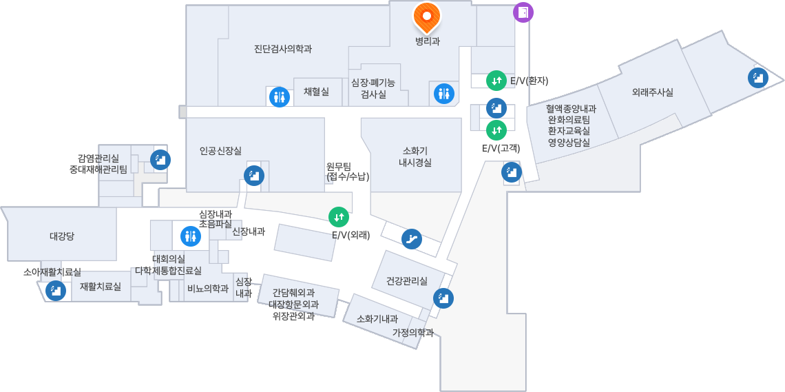 2층 **E/V(외래)**에서 내려 정면의 복도를 따라 우측 방향으로 이동합니다. 접수/수납 창구와 피부과를 차례로 지나 복도 끝까지 직진합니다. 복도 끝에서 우측 모퉁이를 돌아 안쪽으로 들어가면, 비뇨의학과 뒤편이자 대강당 입구 근처에 위치한 주황색 위치 핀(병리과)을 확인할 수 있습니다.