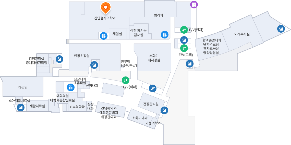 2층 **E/V(외래)**에서 내려 정면의 복도를 따라 왼쪽 방향(서쪽)으로 이동합니다. 약국과 중앙주사실을 차례로 지나 복도 끝까지 직진합니다. 복도 끝 정면에 위치한 주황색 위치 핀(진단검사의학과)을 확인할 수 있습니다. 이곳은 외래채혈실 바로 옆이자, 건물 북서쪽 끝 구역에 자리 잡고 있습니다.